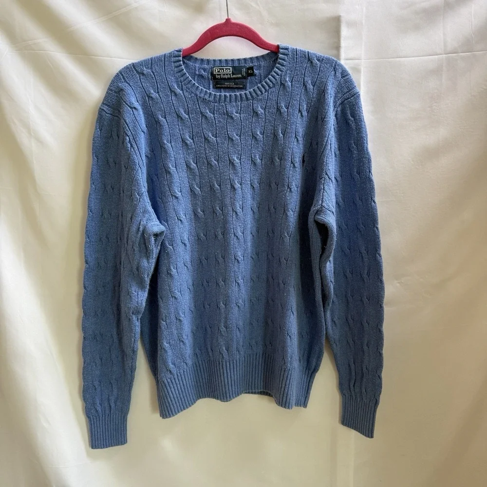 VTG 90s Mens L Blue Polo Ralph Lauren 100% Silk Cable Knit Sweater Blue Pony